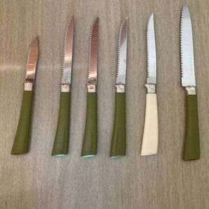 Vintage Forgecraft knife set - 5 green and one cream